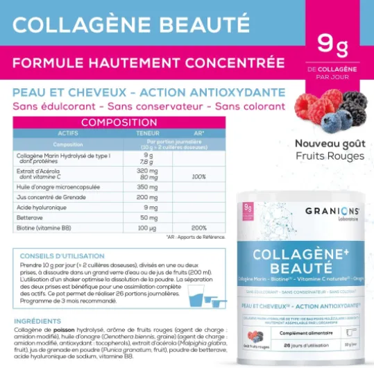COLLAGENE MARIN + BEAUTE - Collagene et Acide Hyaluronique, Biotine Cheveux, Vitamine C - Beauté Peau - Complement Alimentaire Cheveux -Haute assimilation, Collagene Fruits Rouges Poudre 260g Saveur Fruits Rouges