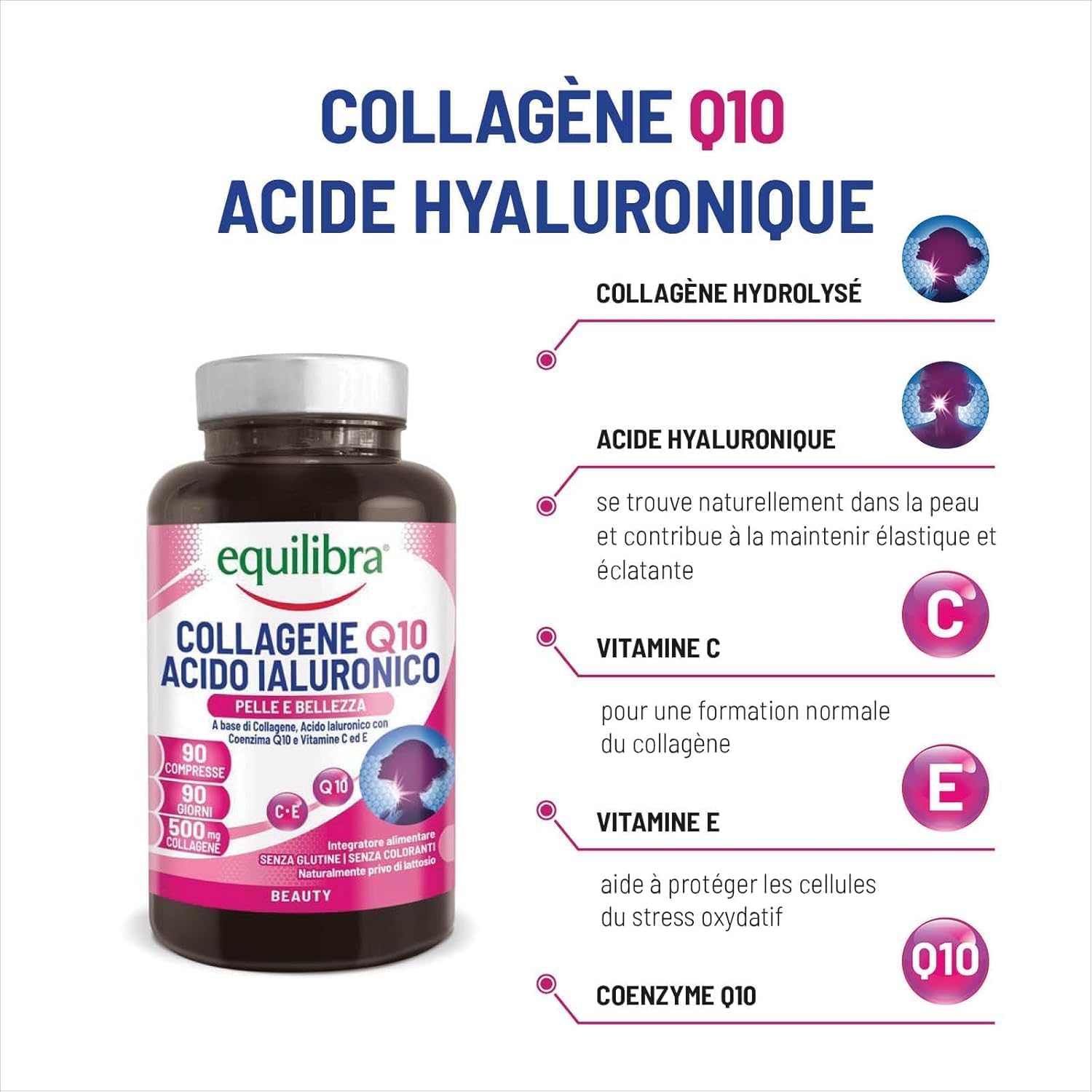 , Collagène Q10 Acide Hyaluronique, Bien-être et Beauté de la Peau, à Base de Collagène Hydrolysé, Acide Hyaluronique, Coenzyme Q10, Vitamines C et E, 90 Comprimés