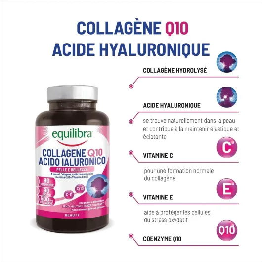 , Collagène Q10 Acide Hyaluronique, Bien-être et Beauté de la Peau, à Base de Collagène Hydrolysé, Acide Hyaluronique, Coenzyme Q10, Vitamines C et E, 90 Comprimés