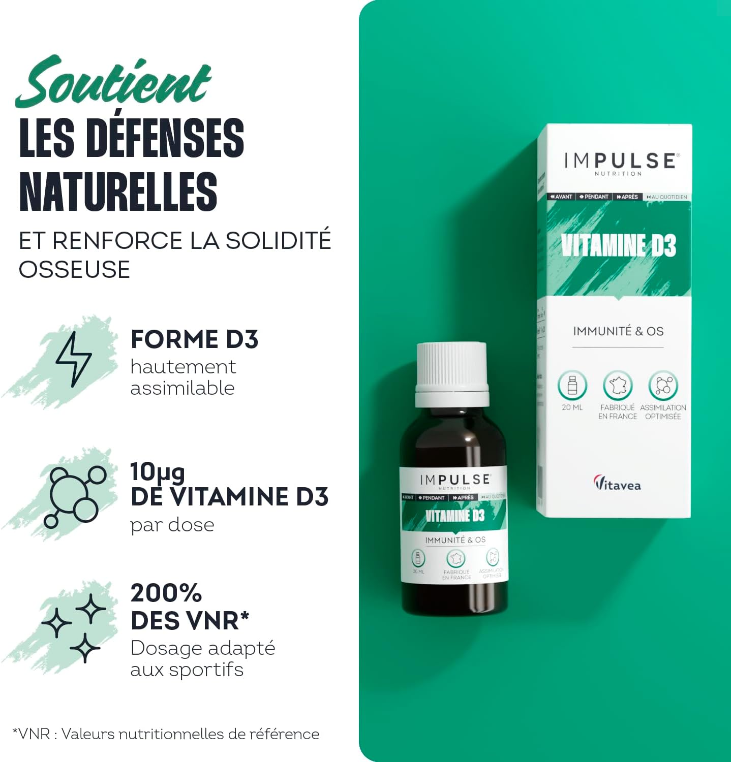 Vitamine D3 – Immunité, Ossature et Muscules – Complément alimentaire Bien-Être et Performance – 20 ml – Fabriqué en France