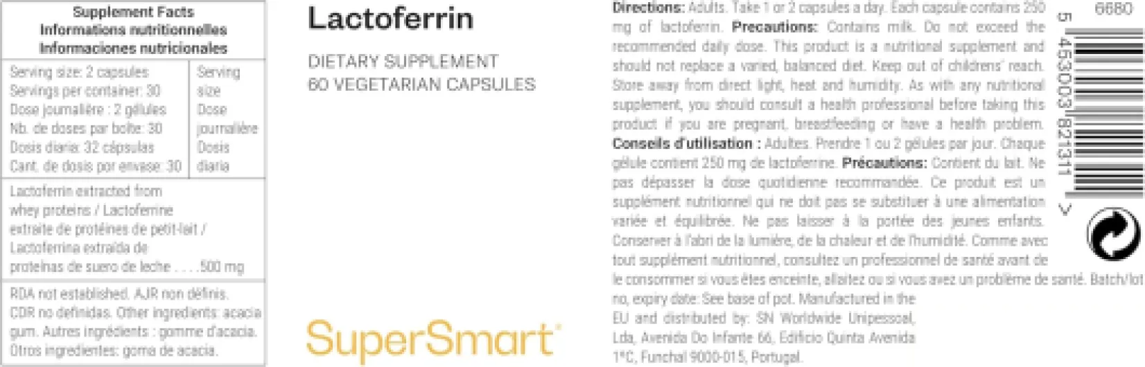 Lactoferrin (WHEY) - Renforce et Optimise le Système Immunitaire - Limite les Infections - Stimule la Santé Intestinale - Régule la Croissance Osseuse - Végétarien - Sans Gluten - SuperSmart