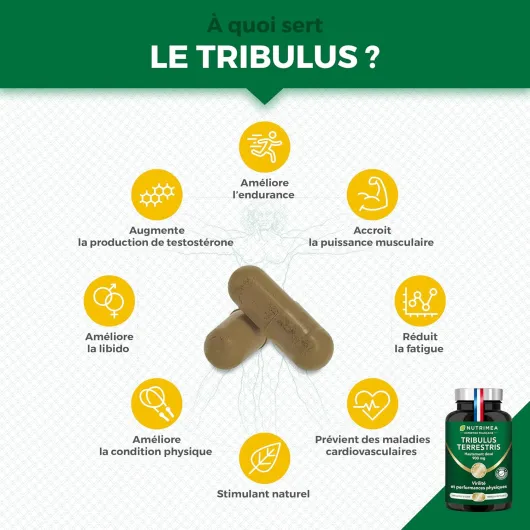 TRIBULUS TERRESTRIS - Extrait Titré en Saponines 10:1 - Source d'Energie pour Performances Sportives, Endurance & Croissance Musculaire - 600 mg - 120 Gélules Vegan - Nutrimea - Fabriqué en France