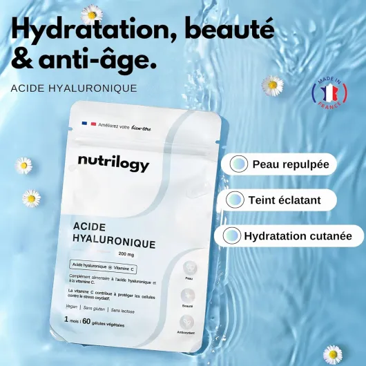 Acide Hyaluronique - Peau Repulpée & Hydratation Intense - Anti-Âge Naturel avec Vitamine C - 1 Mois - 60 Gélules - Complément Alimentaire Vegan, Sans Gluten & Fabriqué en France - NUTRILOGY