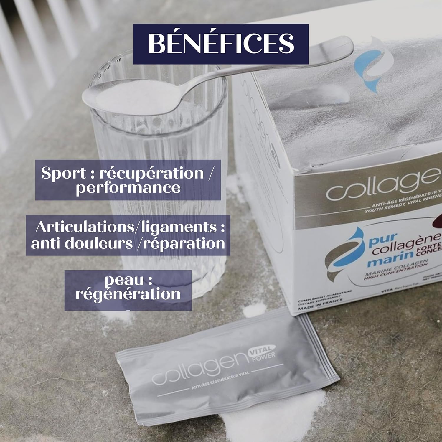 Collagen Vital Power - Actifs de Biopeptides de Pur Collagène Marin à Forte Concentration - Complément Alimentaire Anti-Âge Régénérateur, Fabrication Française - Arôme Pêche, 10g