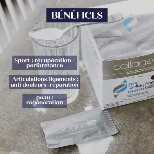 Collagen Vital Power - Actifs de Biopeptides de Pur Collagène Marin à Forte Concentration - Complément Alimentaire Anti-Âge Régénérateur, Fabrication Française - Arôme Pêche, 10g