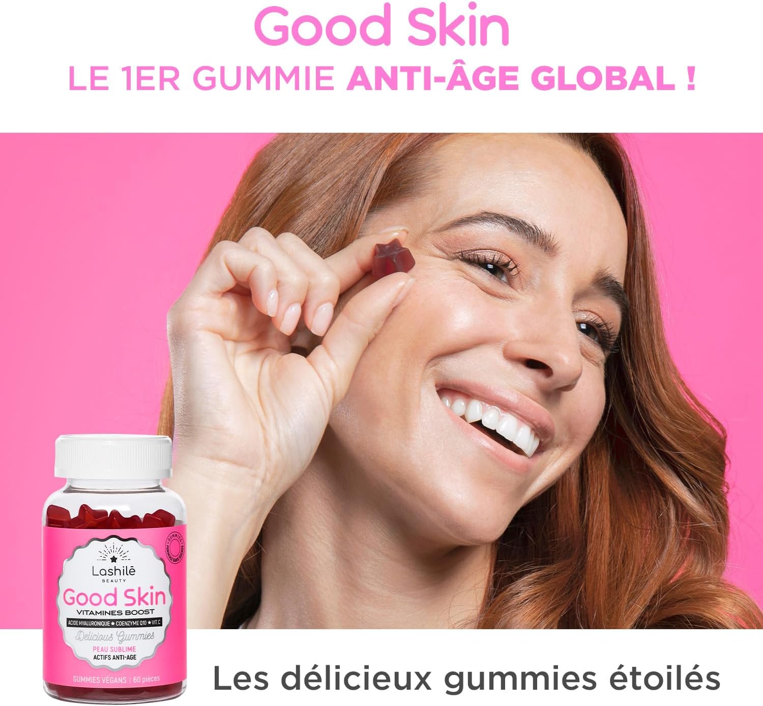Complément Alimentaire - Anti-Âge Globale, Fermeté & Éclat de la peau Good Skin Vitamines - Acide Hyaluronique, Q10, Vitamines C & E - Made in France - Cure 1 Mois 60 Gummies 1 unité (Lot de 1)