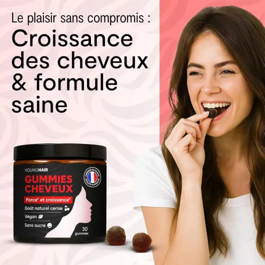 Gummies Cheveux – Complément Alimentaire Pousse & Anti-Chute – Biotine, Zinc, Prêle & Ortie – Sans Sucre, Végan, Goût Cerise Naturel – 1 Gummy/Jour – Cure 1 mois - Fabriqué en France – Young Hair