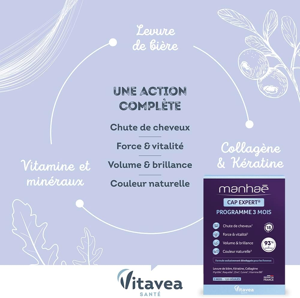 Manhaé - Cap Expert - Complément alimentaire - Chute de cheveux, force, volume, brillance - Biotine, levure de bière, kératine, collagène, minéraux - 120 gélules - Fabriqué en France Manhaé Chute de cheveux Gélules