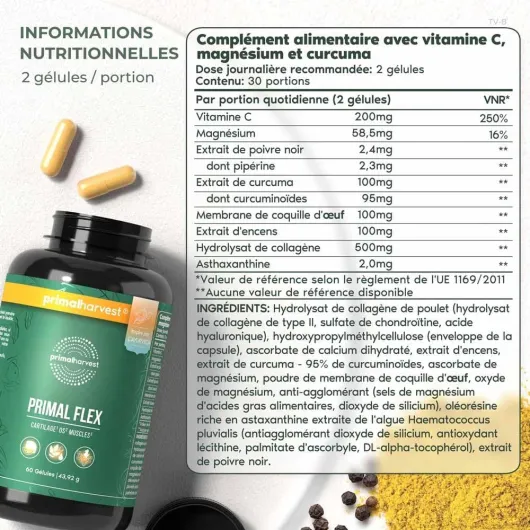 PRIMAL FLEX ARTRO PLUS - 60 capsules hautement dosées & testées en laboratoire avec magnésium, vitamine C pour des os solides - Inspiré de l'Ayurveda, acide hyaluronique, collagène inclus - 60 unité (Lot de 1)
