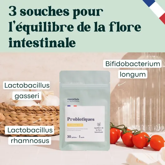 Probiotique Flore Intestinale, 20 Milliards UFC/Jour, Probiotiques Lactobacillus Gasseri + Rhamnosus + Bifidobacterium, Équilibre du Microbiote, 30 Gélules Vegan, Fabriqué en France Probiotiques - Essentials By Novoma