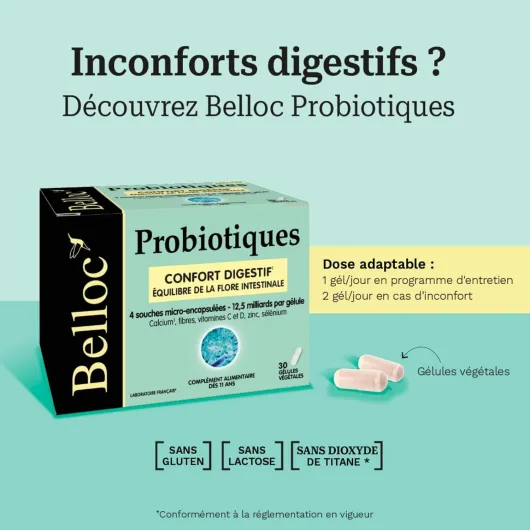 Probiotiques - Confort digestif – Equilibre de la Flore Intestinale - 4 Souches Microbiotiques - Dès 11 ans - 30 Gélules Végétales Sans saveur 30 unité (Lot de 1)