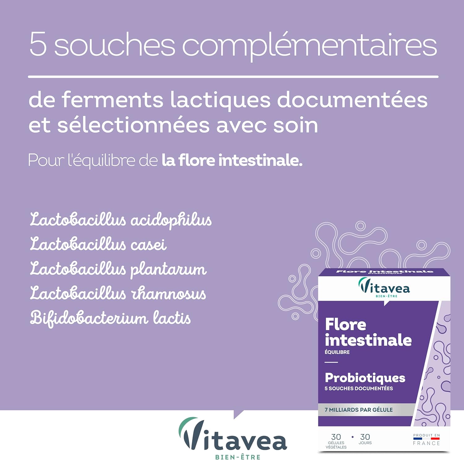 Vitavea - Probiotique Flore Intestinale, Equilibre du Microbiote, Digestion - Ferments Lactiques - Lactobacillus et Bifidobacterium - 30 gélules végétales - 1 mois - Fabriqué en France Violet 30 unité (Lot de 1)