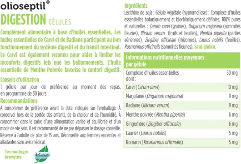Gélules Digestion - Favorise le Confort Digestif & Améliore le Transit - Réduit les Ballonnements - Complexe d'Huiles Essentielles 100% Pures et Naturelles - Sans Gluten - Lot de 3