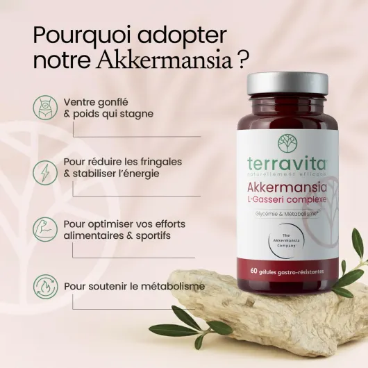 Akkermansia MucT® 30 Milliards + L - Gasseri 10 Milliards - Avec Vitamine B1 et Chrome - Régulation Glycémie + Digestion + Satiété - 60 Gélules - Made in France - Terravita