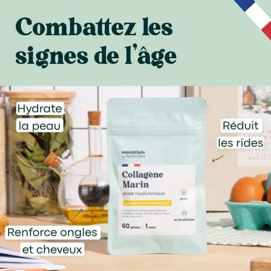 Collagène Marin + Acide Hyaluronique, Peau Hydratée et Articulations Fortes, Cure de 1 mois, 60 Gélules, Hydrolysé Type 1 Naticol®, Et Vitamine C, Made in France, Essentials by Novoma 60 unité (Lot de 1)