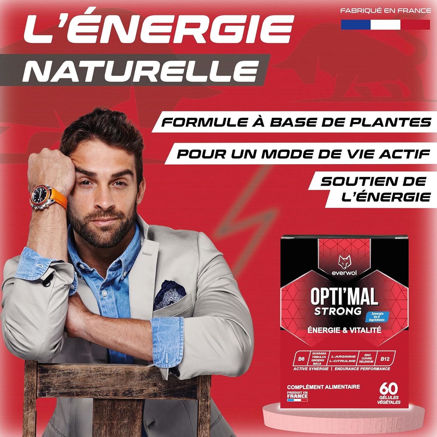 Complément Alimentaire Homme – Vigueur, Énergie, Circulation & Endurance - Ginseng, Maca, Guarana, Zinc - 60 Gélules - Tonus Masculin, Vitalité Intime & Bien-Être - OPTI’MAL STRONG