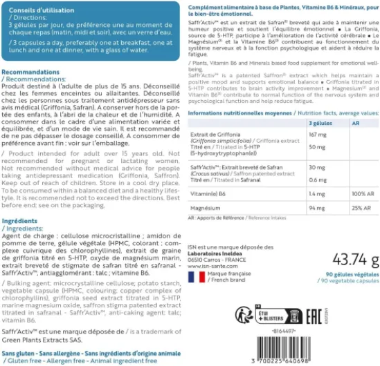 Euphoryl®- Complément alimentaire à base de Safran, Magnésium Marin et Vitamine B6 - Bon équilibre émotionnel - Vitalité - 90 gélules végétales - Cure 30 jours