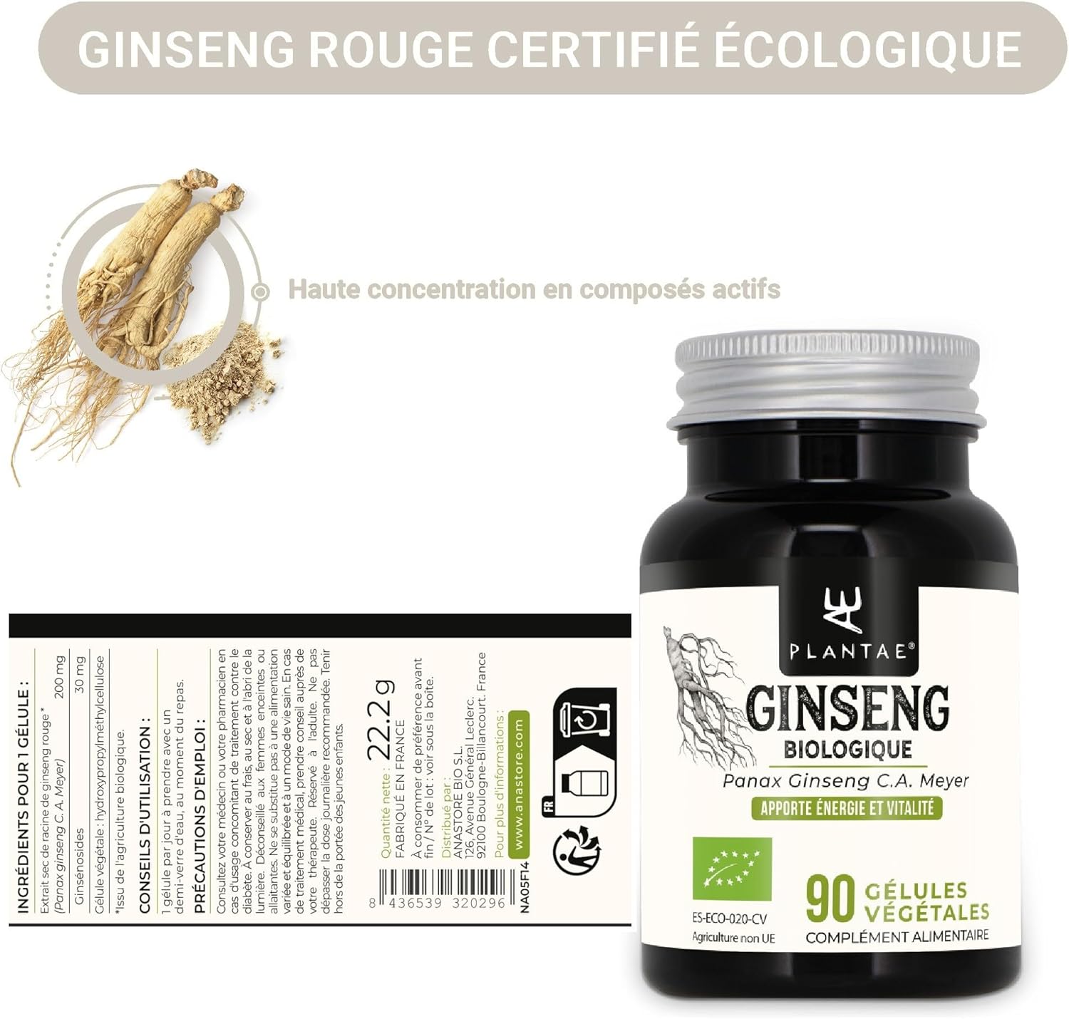 GINSENG ROUGE BIOLOGIQUE * 200 mg / 90 gélules végétales * Titré à 15% en ginsénosides totaux * Cardiovasculaire, Energie, Équilibre émotionnel, Vitalité 90 unité (Lot de 1)