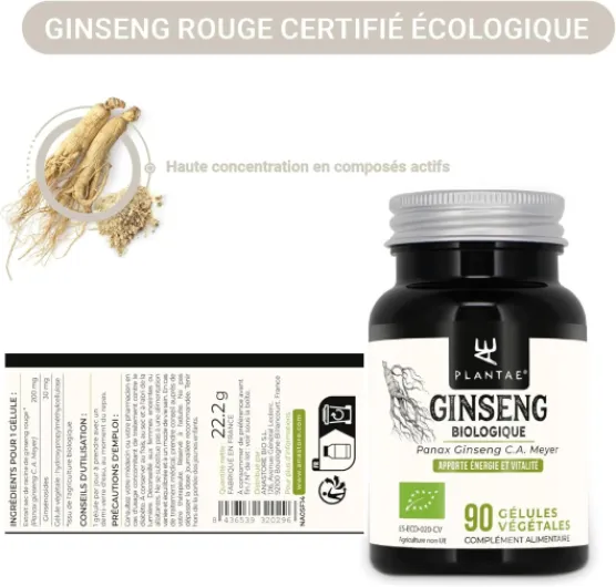 GINSENG ROUGE BIOLOGIQUE * 200 mg / 90 gélules végétales * Titré à 15% en ginsénosides totaux * Cardiovasculaire, Energie, Équilibre émotionnel, Vitalité 90 unité (Lot de 1)