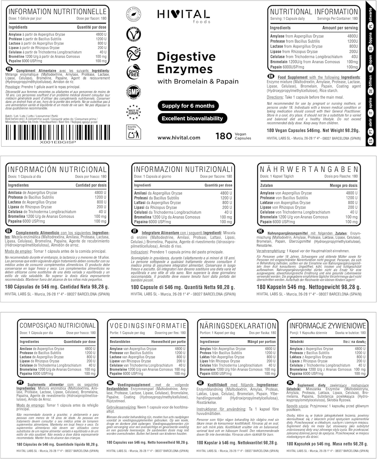 Enzymes Digestives - 180 gélules végétaliennes pour 6 mois de traitement - Amylase, Protéase, Lactase, Lipase, Cellulase, Bromélaïne et Papaïne - Fabriqué en Europe par HIVITAL