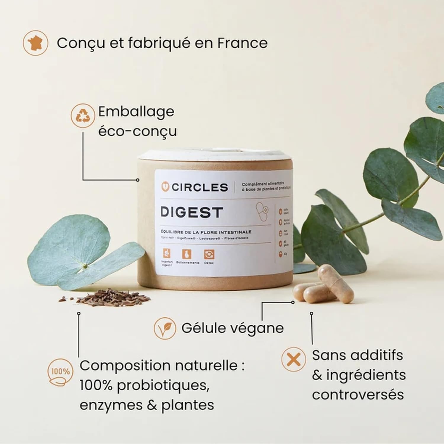 DIGEST – Probiotic Intestinal Flora, Microbiota Balance & Digestion – Bacillus coagulans + DigeZyme Enzymes – 60 Vegetable Capsules – 1 Month – Made in France