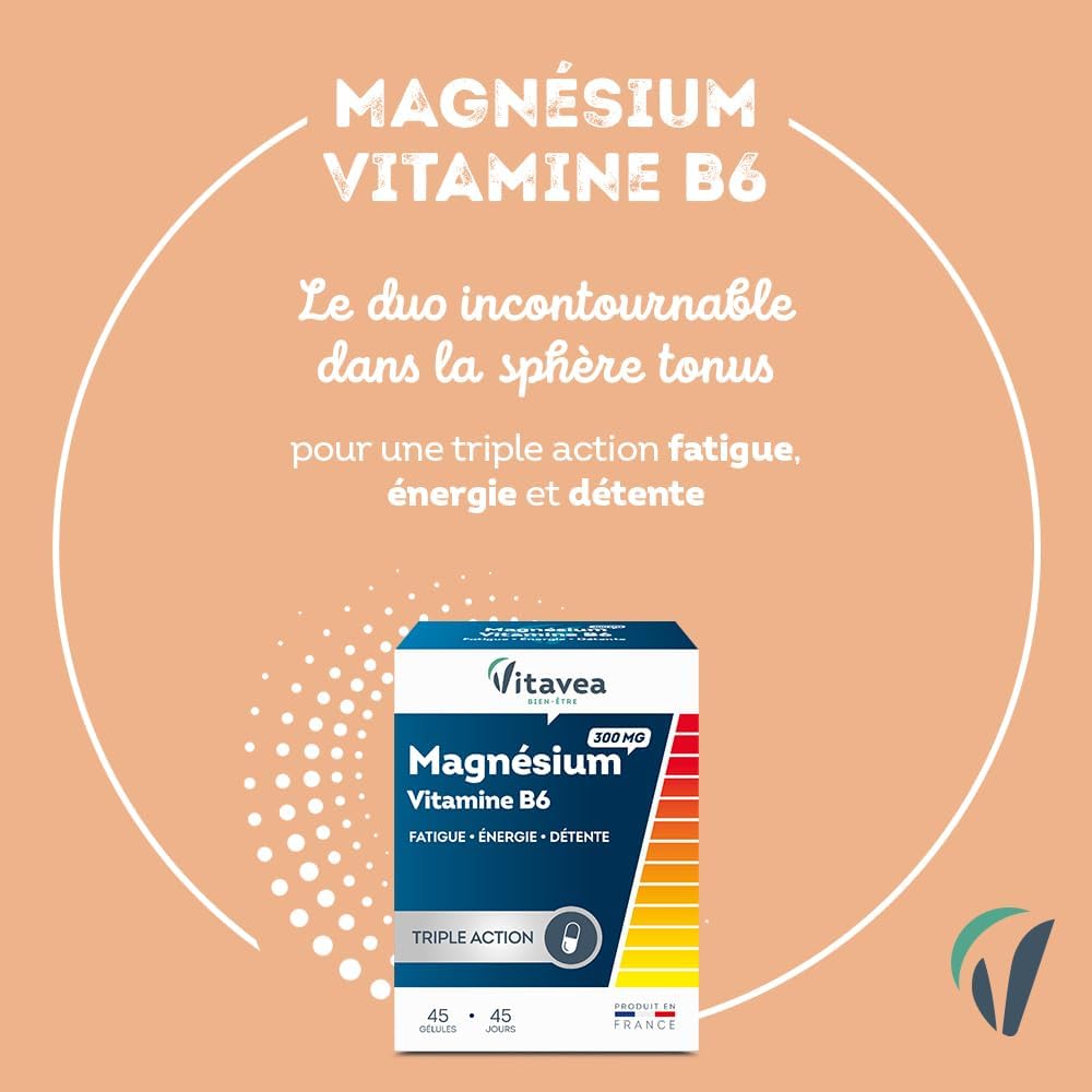 VITAVEA BIEN-ETRE - Magnésium 300 mg Vitamine B6 - Complément Alimentaire Fatigue, Détente, Energie, Relaxation, Equilibre Nerveux - Magnesium B6-45 gélules - Cure de 45 jours - Fabriqué en France 45 unité (Lot de 1) 45 gélules