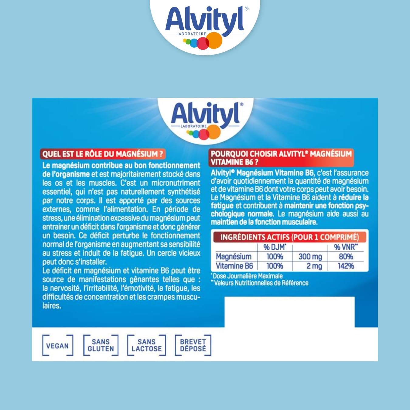 Alvityl Magnésium 300mg + Vitamine B6 - Libération Prolongée - Diffusion lente et progressive - Magnésium d'origine Marine - Stress, Fatigue, Irritabilité - Fabriqué en France - Comprimés 60 jours
