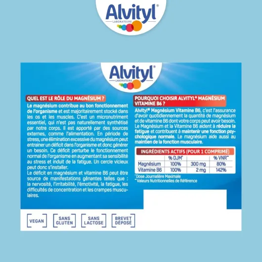 Alvityl Magnésium 300mg + Vitamine B6 - Libération Prolongée - Diffusion lente et progressive - Magnésium d'origine Marine - Stress, Fatigue, Irritabilité - Fabriqué en France - Comprimés 60 jours