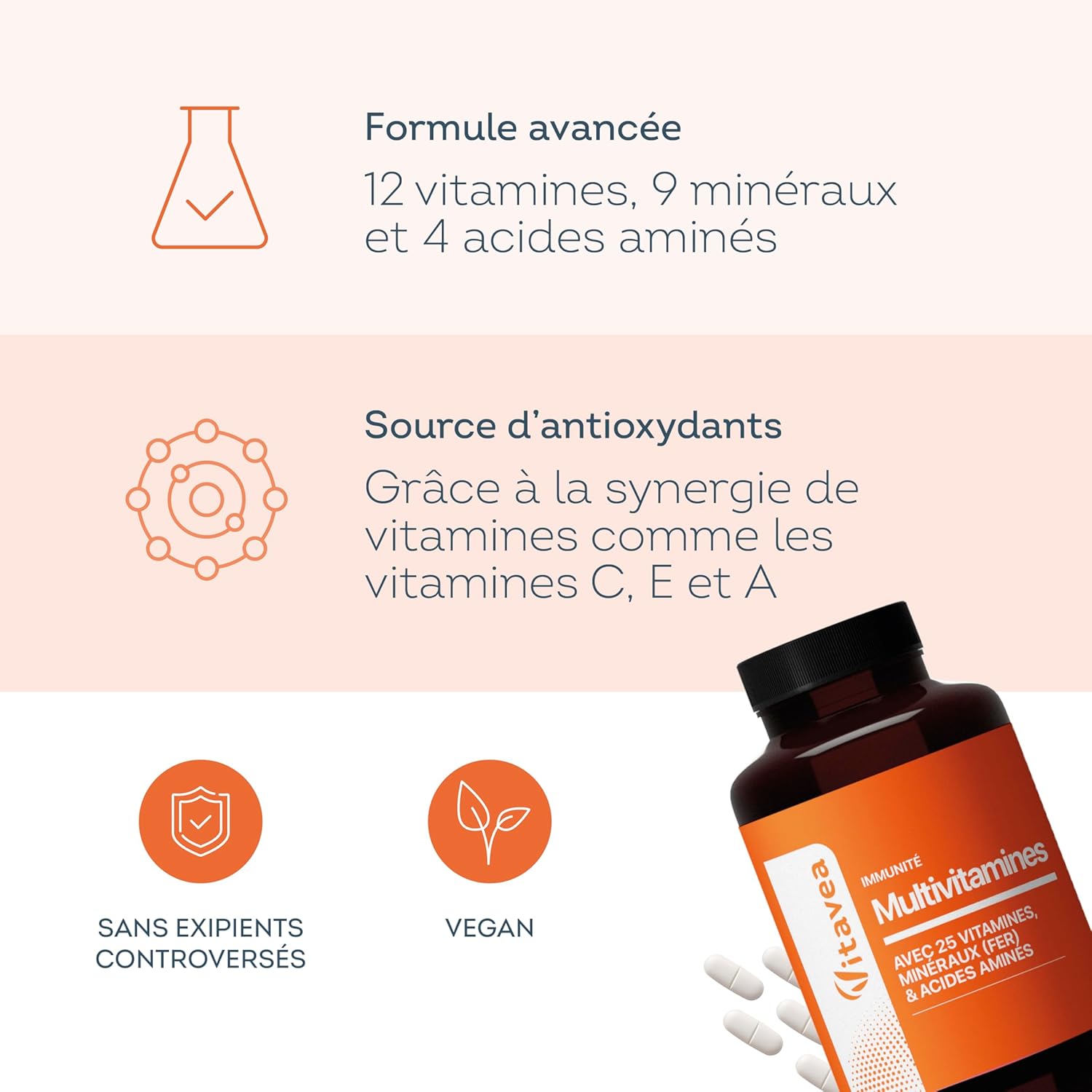 Multivitamines & Minéraux - 25 Nutriments Essentiels dont Vitamine A B C D E, Zinc et Fer - 4 Acides Aminés - 6 mois - Énergie, Fatigue & Immunité - 180 Comprimés - Fabriqué en France - Vitavea