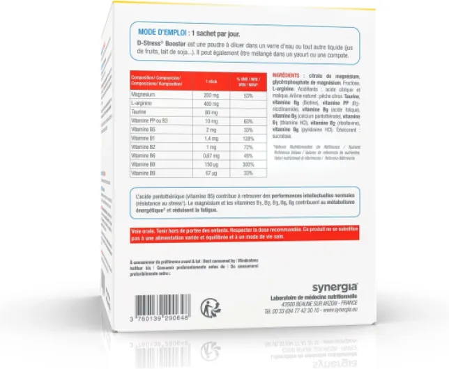 D-STRESS BOOSTER Pack Eco 60 sachets - Magnésium de 3ème génération, Taurine, Arginine, Vitamine B - Booste l’Énergie Physique et Mentale - Gère les Montées de Stress en 30 Min - LABORATOIRE SYNERGIA