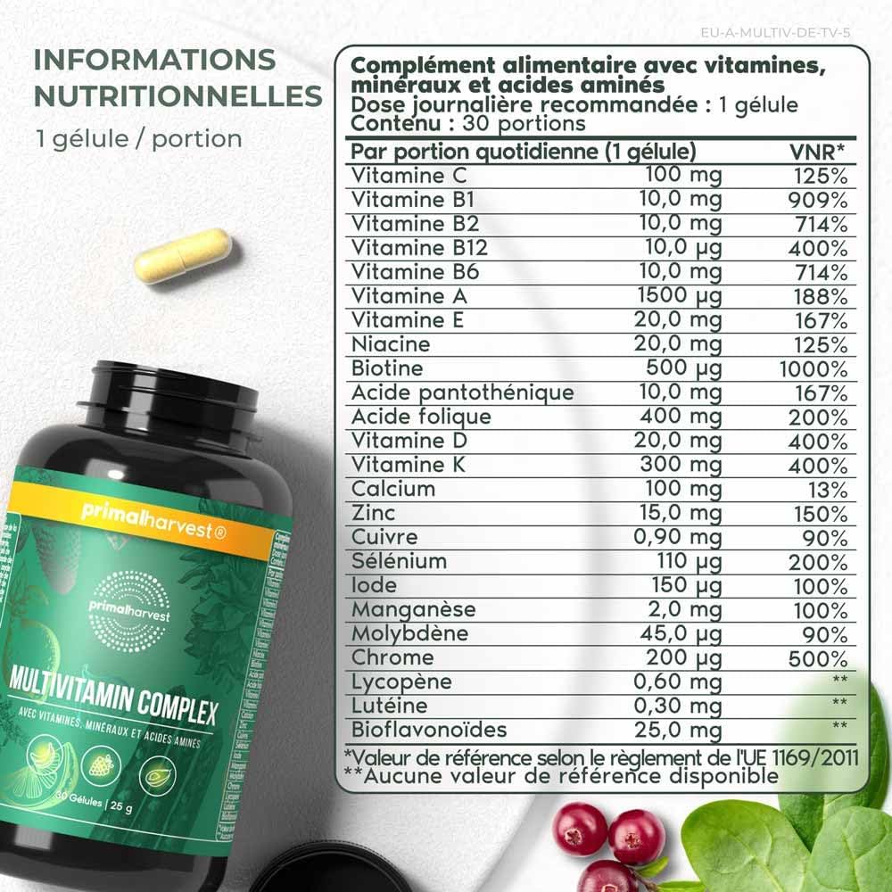 Complexe multivitaminé de Primal Harvest - Complément alimentaire quotidien à base de biotine, de zinc et de vitamines, à dosage élevé, pour hommes et femmes (30 Count (1 Pack), Sans saveur) Sans saveur 30 Count (1 Pack)