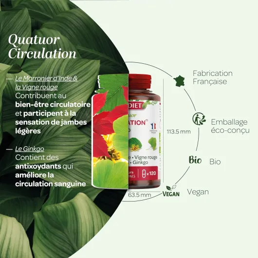 QUATUOR CIRCULATION BIO – Phytothérapie – Fabrication Française – 120 gélules unflavoured 120 unité (Lot de 1)