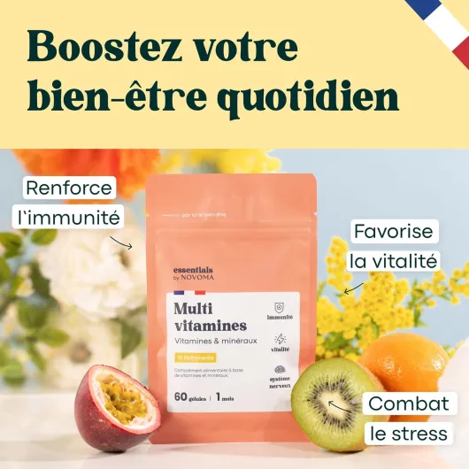 Multivitamines et Minéraux, 15 Nutriments Essentiels, Vitamines A B C D E + Magnésium & Zinc, Immunité & Énergie, 60 gélules Vegan, Cure de 1 mois, Fabriqué en France, Essentials by Novoma 60 unité (Lot de 1)