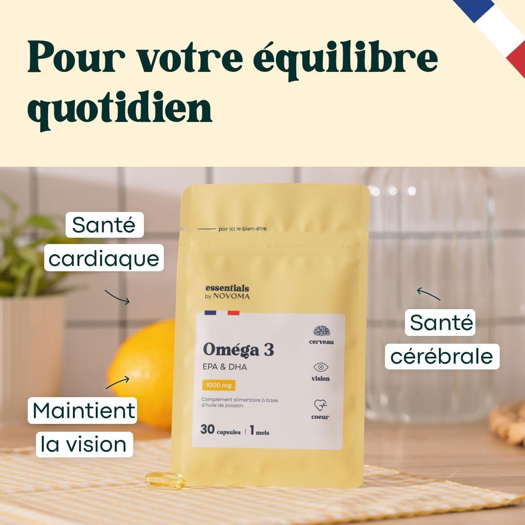 Omega 3 Huile de Poisson 1000mg, Pure et Concentrée, Oméga 3 EPA DHA, Santé du Coeur & Vision, Cure de 1 mois, Fabriqué en France, Essentials by Novoma Oméga 3 - Essentials By Novoma 30 unité (Lot de 1)