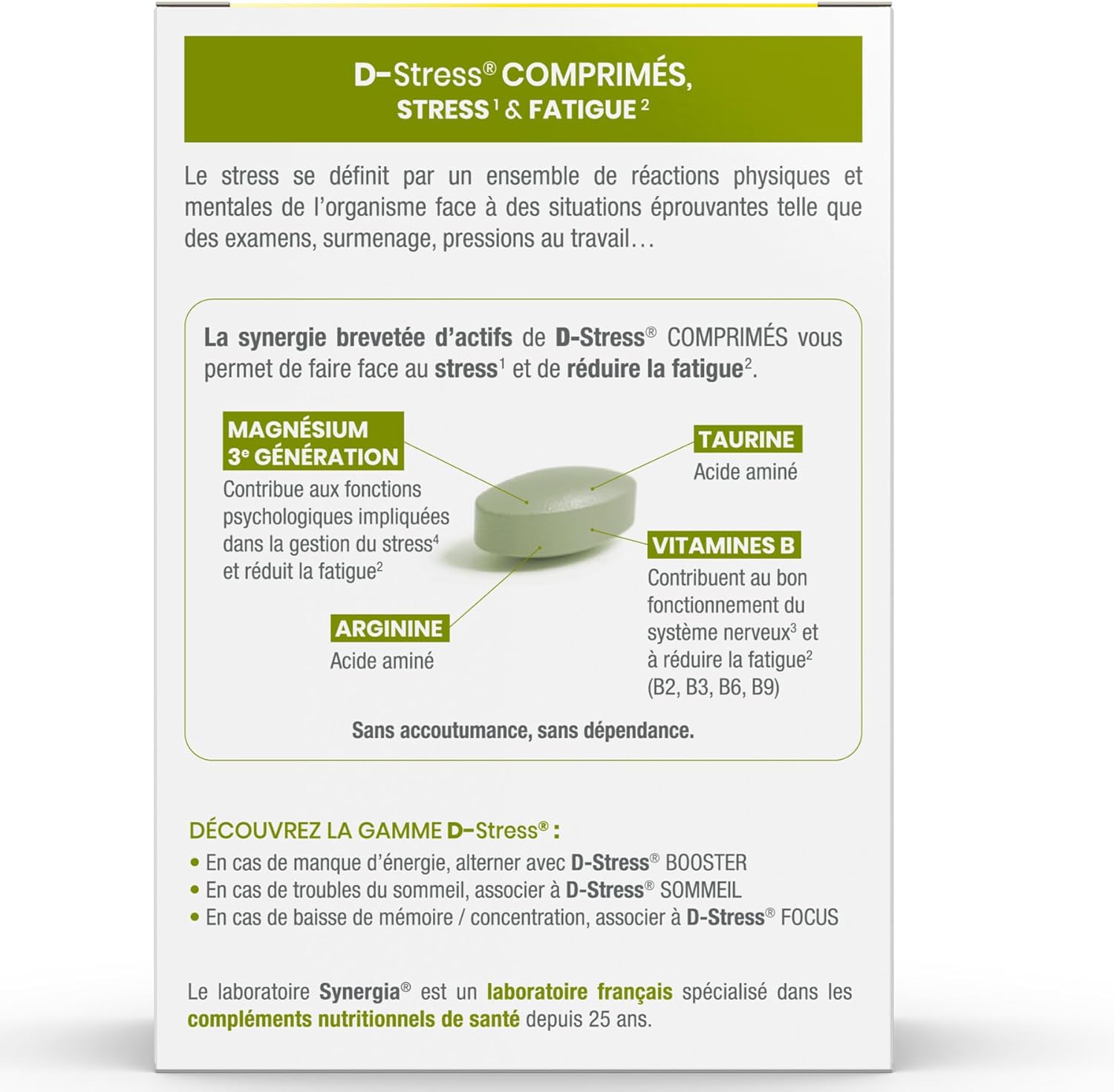 D-STRESS COMPRIMÉS Lot de 2 + 1 Produit Synergia Offert - Magnésium de 3ème Génération + Taurine + Arginine + Vitamines B - Gère le Stress du Quotidien et Réduit la Fatigue - LABORATOIRE SYNERGIA