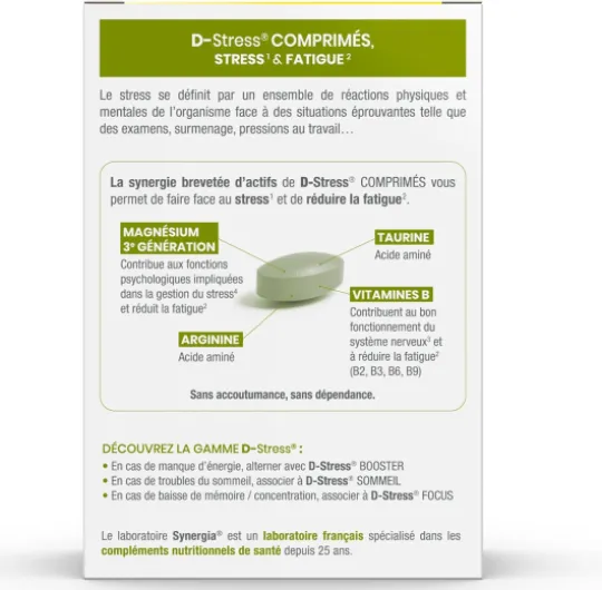 D-STRESS COMPRIMÉS Lot de 2 + 1 Produit Synergia Offert - Magnésium de 3ème Génération + Taurine + Arginine + Vitamines B - Gère le Stress du Quotidien et Réduit la Fatigue - LABORATOIRE SYNERGIA