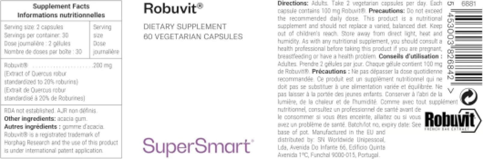Robuvit ® - Contribue à Réduire la Fatigue, Améliorer les Performances Physiques et l'Humeur - Extrait de Quercus Robur Standardisé à 20% de Roburines - Vegan - Sans Gluten - SuperSmart