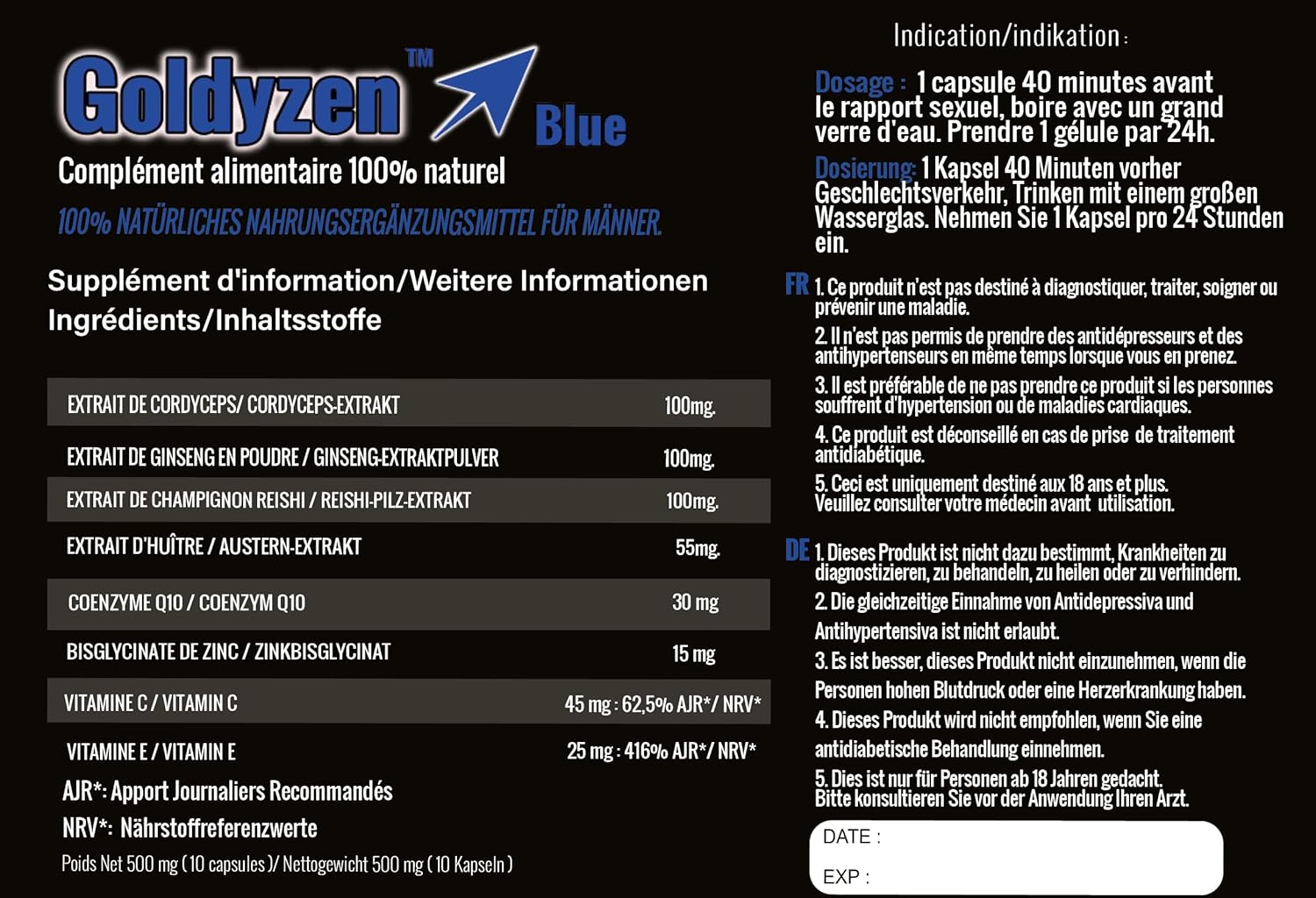 Goldyzen Blue - Compléments alimentaires à base de plantes pour hommes, Au complexe Ginseng & Reishi - Blister de 10 gélules