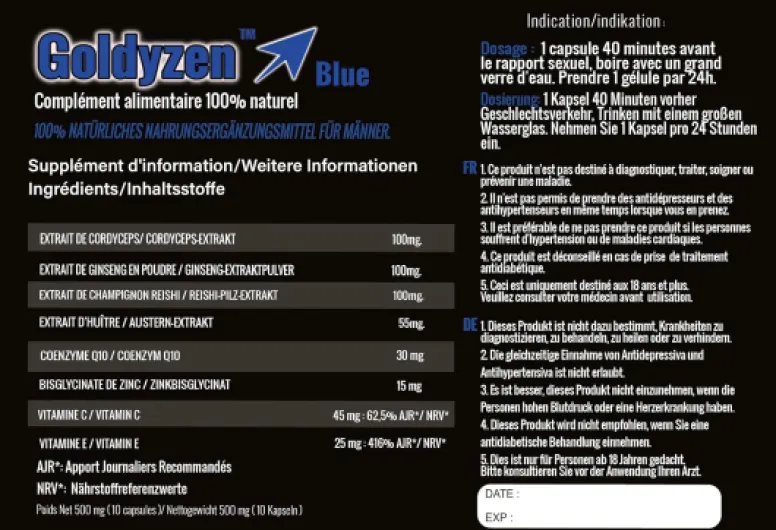 Goldyzen Blue - Compléments alimentaires à base de plantes pour hommes, Au complexe Ginseng & Reishi - Blister de 10 gélules