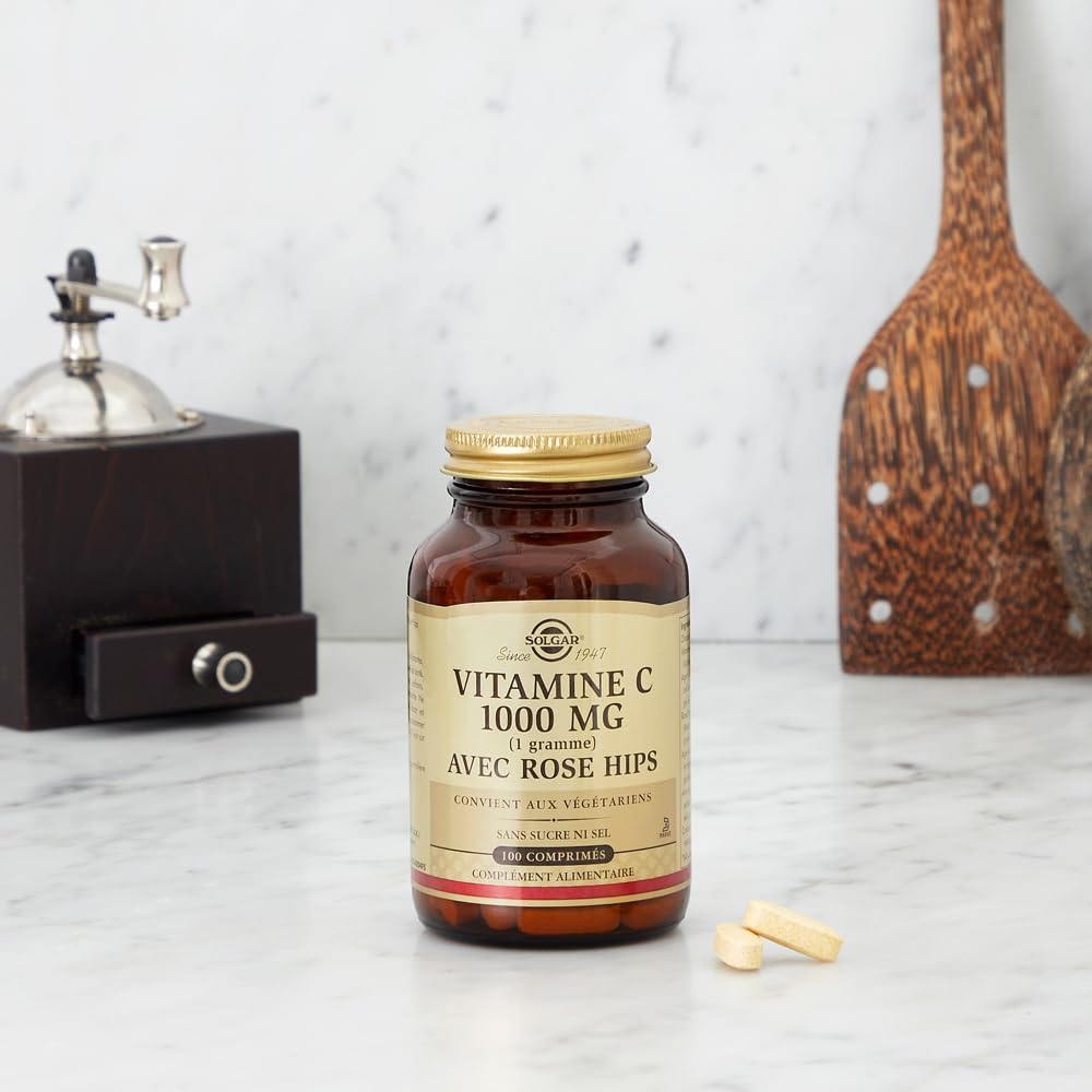 Vitamine C 1000 mg avec Rose Hips - Défenses naturelles - Système immunitaire - Vitalité et énergie - Immunité - Complément Alimentaire - Flacon de 100 comprimés Vitamine C 1000mg