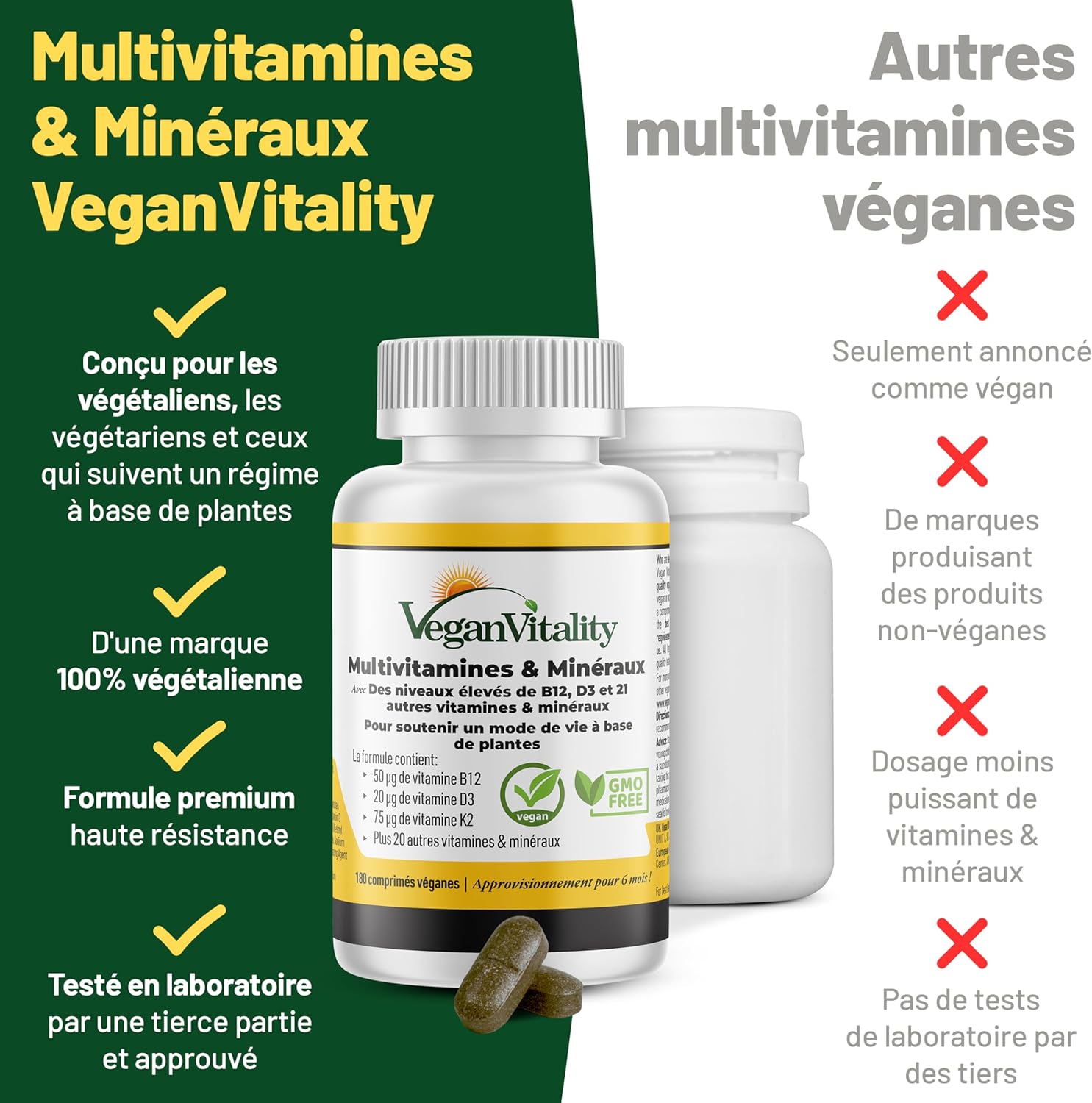 Pack Vegan Vitality Multivitamines + Oméga 3 Végétal – Multivitamines 6 Mois (180 Comprimés) et Oméga 3 DHA d’Algues 2 Mois (60 Capsules) – Compléments pour Vegans et Végétariens Multivitamines+Oméga 3