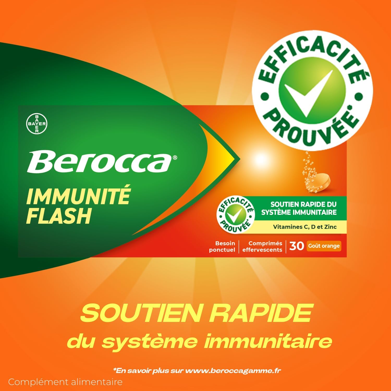 Immunité Flash - Soutient Système Immunitaire - Complément Alimentaire Immunité - Zinc, Vitamine D & C - Multivitamines et Minéraux - Goût Orange - Maxi Format 60 Comprimés Effervescents