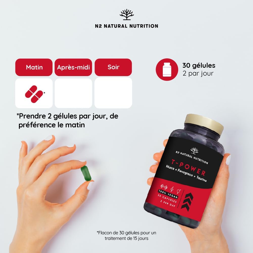 T - Power 100% Natural Male Enhancer avec Maca, Ginseng, L-Taurine, Fenugrec et Poivre Noir - Stimulant + Force + Endurance + Energie - Pre workout - 30 gélules - Végétalien - N2 Natural Nutrition 30 unité (Lot de 1)