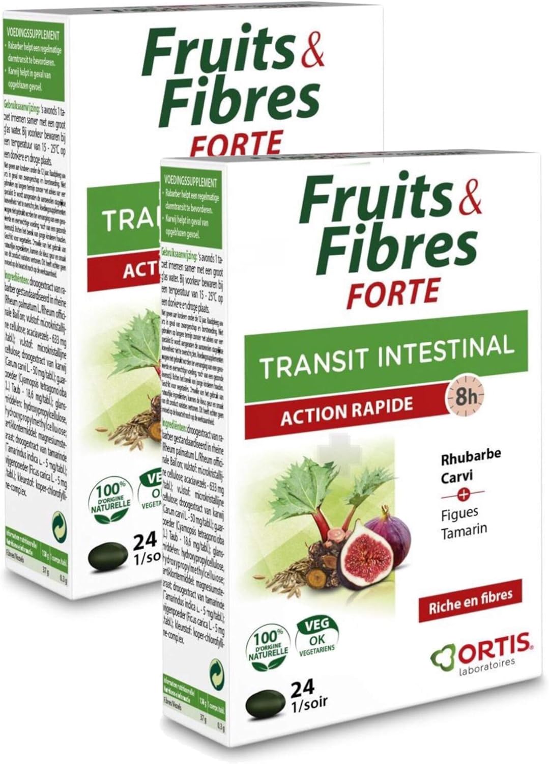 ORTIS Fruits & Fibres FORTE Transit Intestinal - Action RAPIDE 8h - Complément Alimentaire 24 Comprimés - Lot de 2 Boites(2)