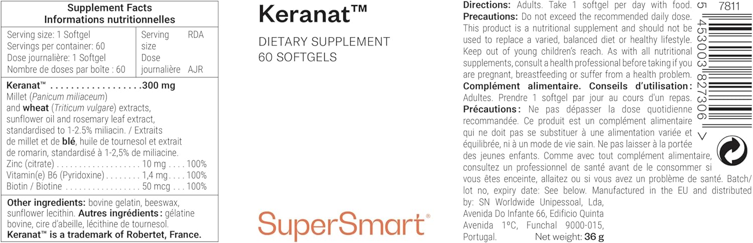 Keranat ™ - Santé des Cheveux et du Cuir Chevelu - Anti-Chute - Enrichi en Zinc et en Biotine (Vitamine B8) - Aide à Maintenir un Métabolisme normal - Ingrédients Naturels - SuperSmart