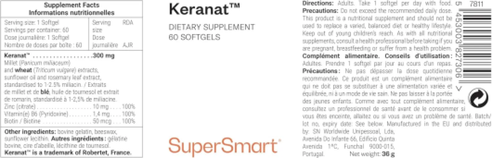Keranat ™ - Santé des Cheveux et du Cuir Chevelu - Anti-Chute - Enrichi en Zinc et en Biotine (Vitamine B8) - Aide à Maintenir un Métabolisme normal - Ingrédients Naturels - SuperSmart