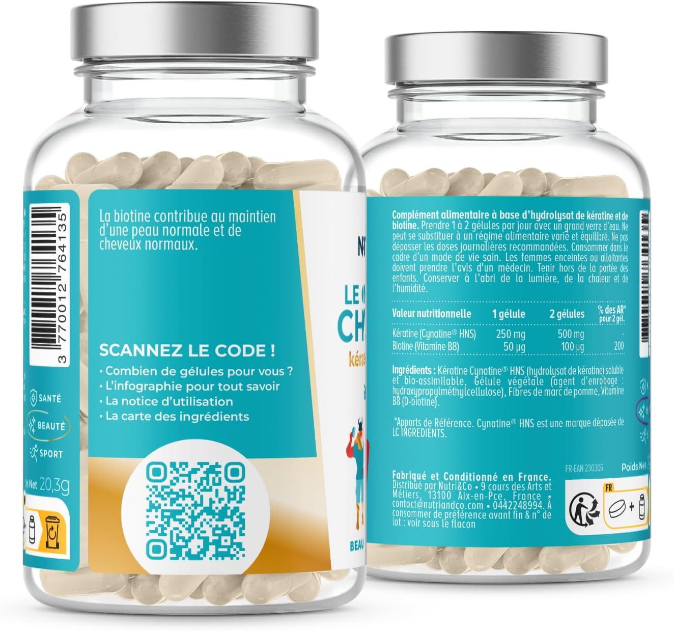 NUTRI & CO Biotine Cheveux avec Kératine Brevetée + Vitamine B8 - Accélère la Pousse des Cheveux & des Ongles - Complément Alimentaire pour Cheveux - 60 gélules Vegan Fabriqué en France