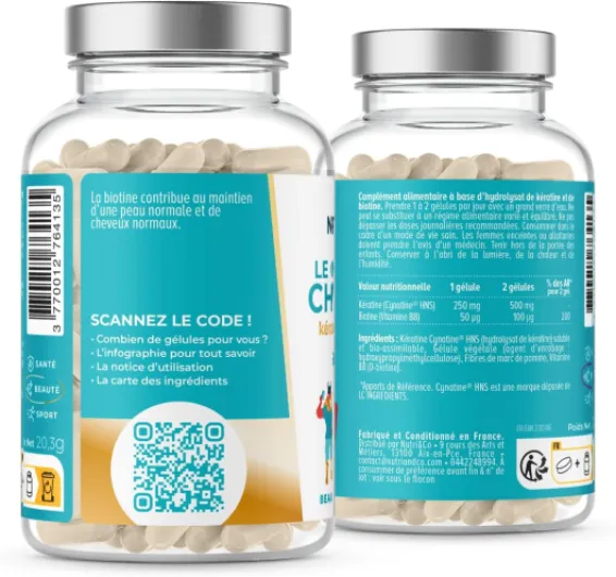 NUTRI & CO Biotine Cheveux avec Kératine Brevetée + Vitamine B8 - Accélère la Pousse des Cheveux & des Ongles - Complément Alimentaire pour Cheveux - 60 gélules Vegan Fabriqué en France