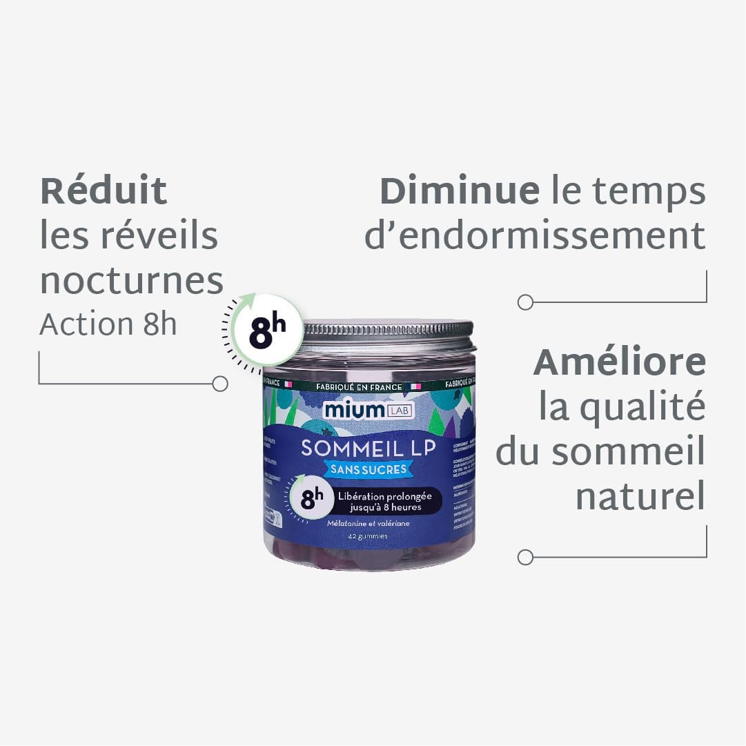 Mium Lab - Sommeil breveté 8h à libération prolongée - Anti-réveils nocturnes & Endormissement - Mélatonine brevetée - Cure 21 jours - Gummies Sans Sucres - Fabriqué en France 21 jours - 8h libération prolongée