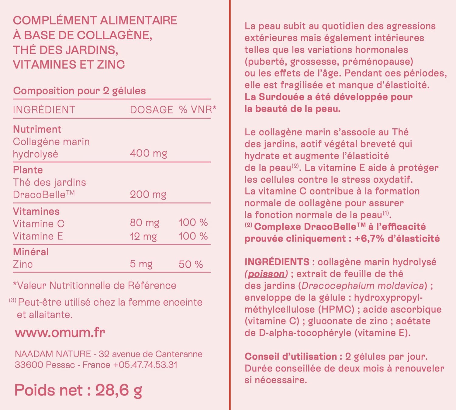 La Surdouée - Complément Alimentaire au collagène marin - Elasticité, hydratation beauté de la peau - Compatible grossesse et allaitement, sans gluten ni gélatine - 60 gélules 1 mois de cure 60 unité (Lot de 1)